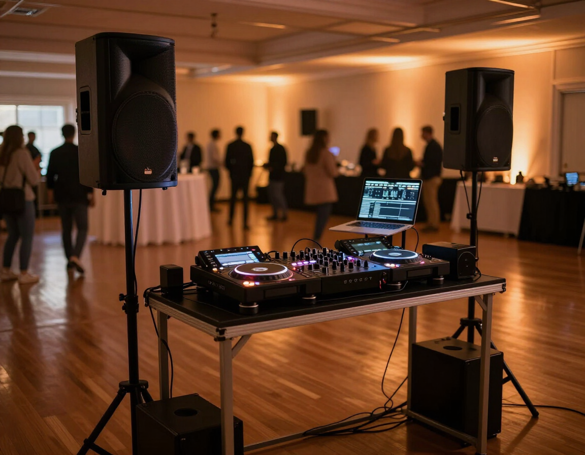 DJ booth with turntables and speakers in a warmly lit event hall, guests blurred in the background