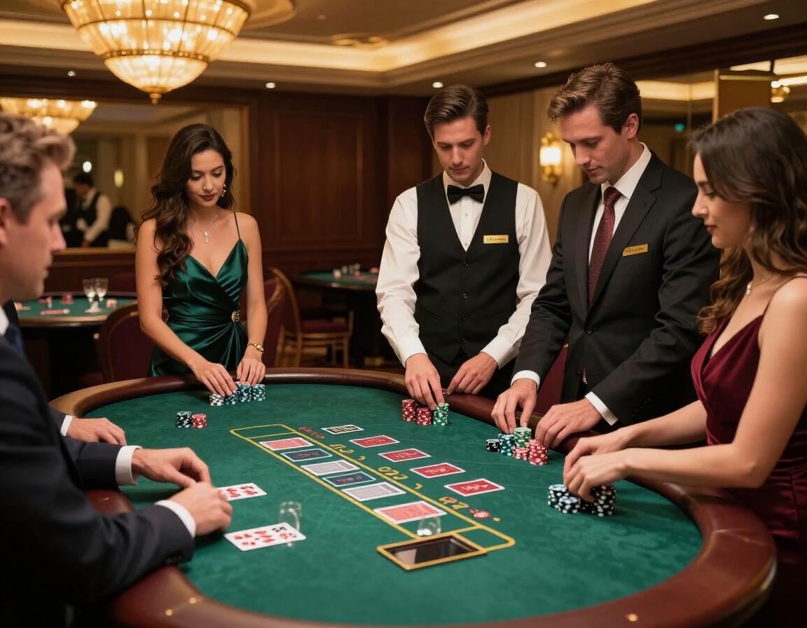 Professionally staffed blackjack table with guests in formal attire at a Metro Detroit casino night event