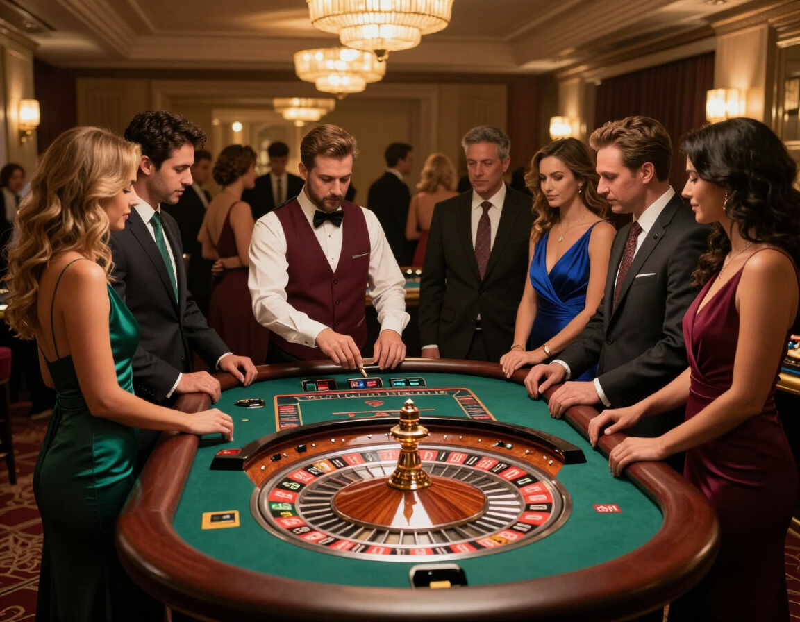 People gathered around a roulette table in a casino, watching the spinning wheel.