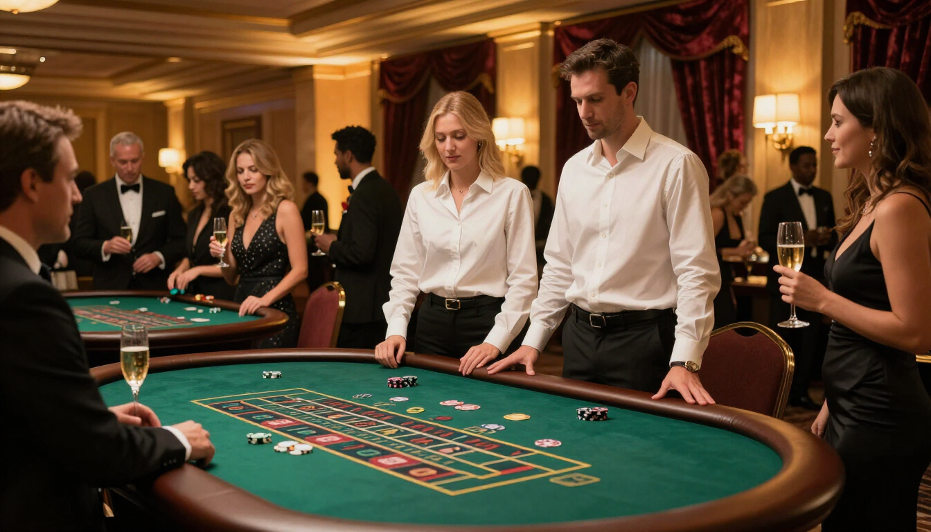 People gathered around a green felt casino table, placing bets under warm, dim lighting.