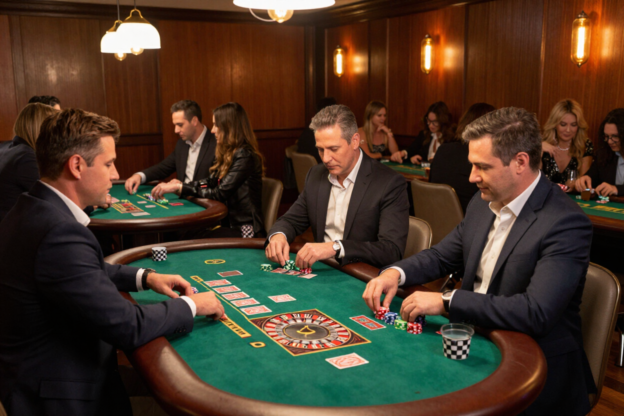 People playing cards at a green felt poker table in a wood-paneled room