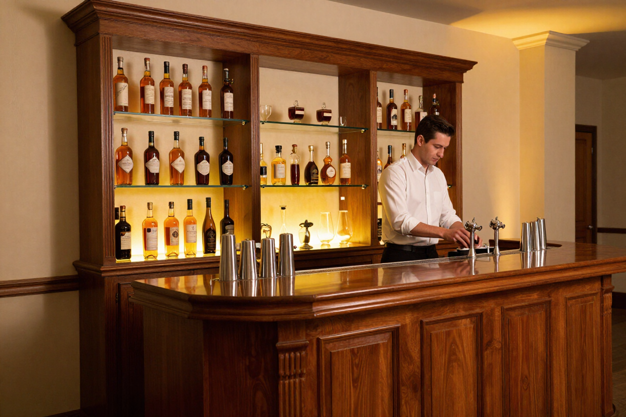 Portable bar station rental setup at a Metro Detroit indoor event by Great Lakes Party Professionals.