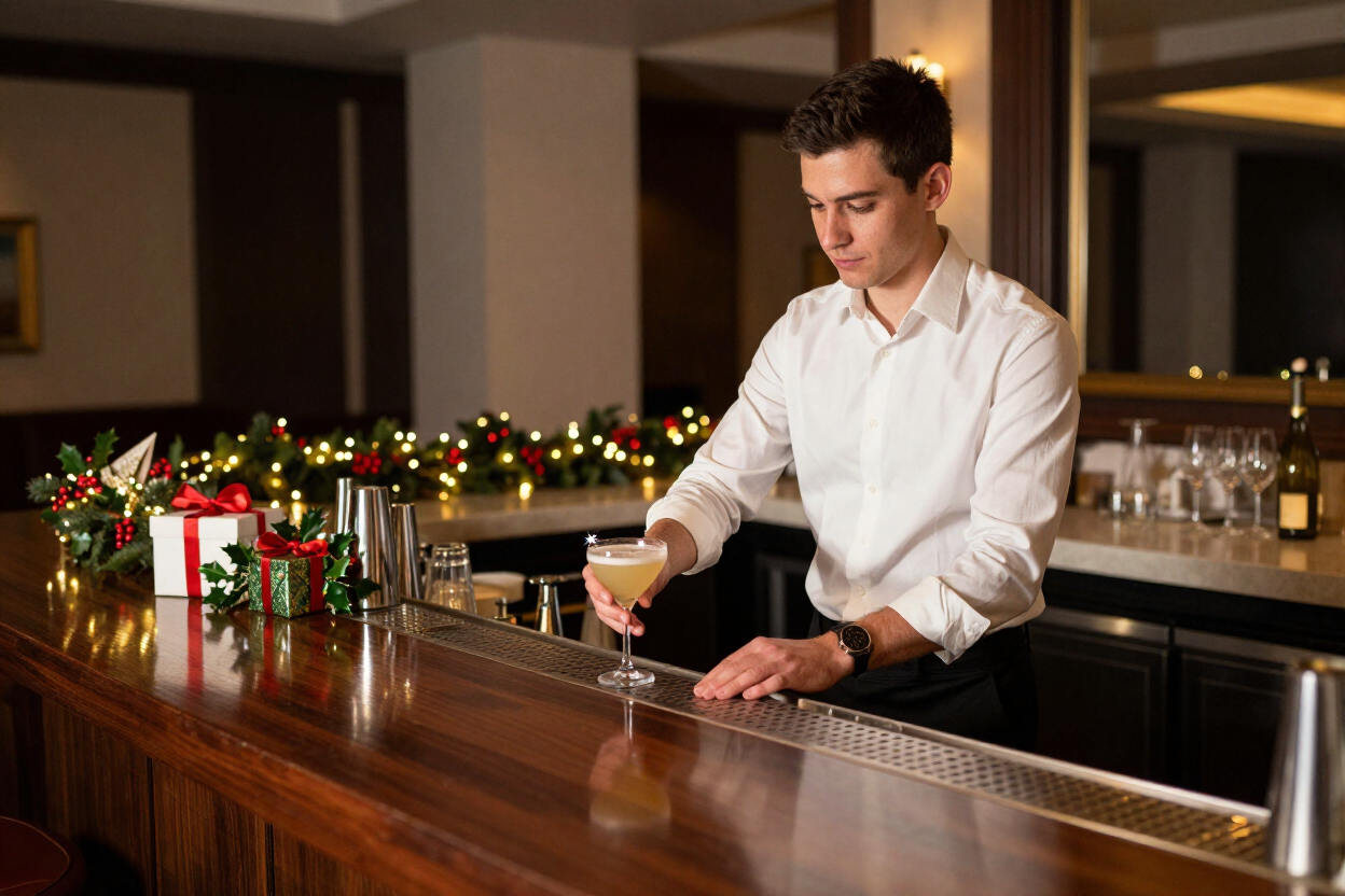 Bartender in a white shirt pouring a cocktail at a decorated bar with holiday garland and wrapped gifts.