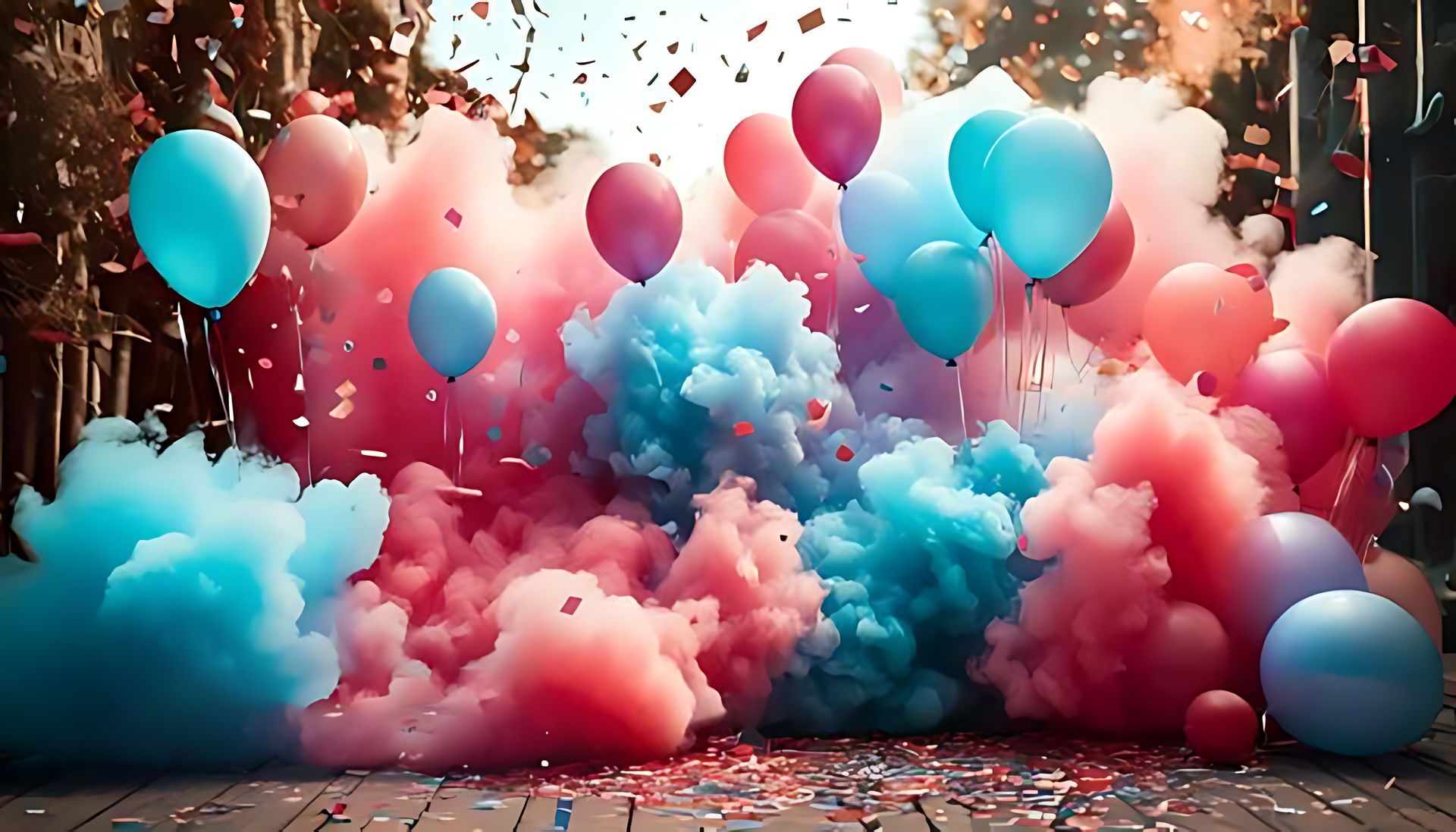 Colorful balloons and pink-blue smoke fill a festive confetti-covered street
