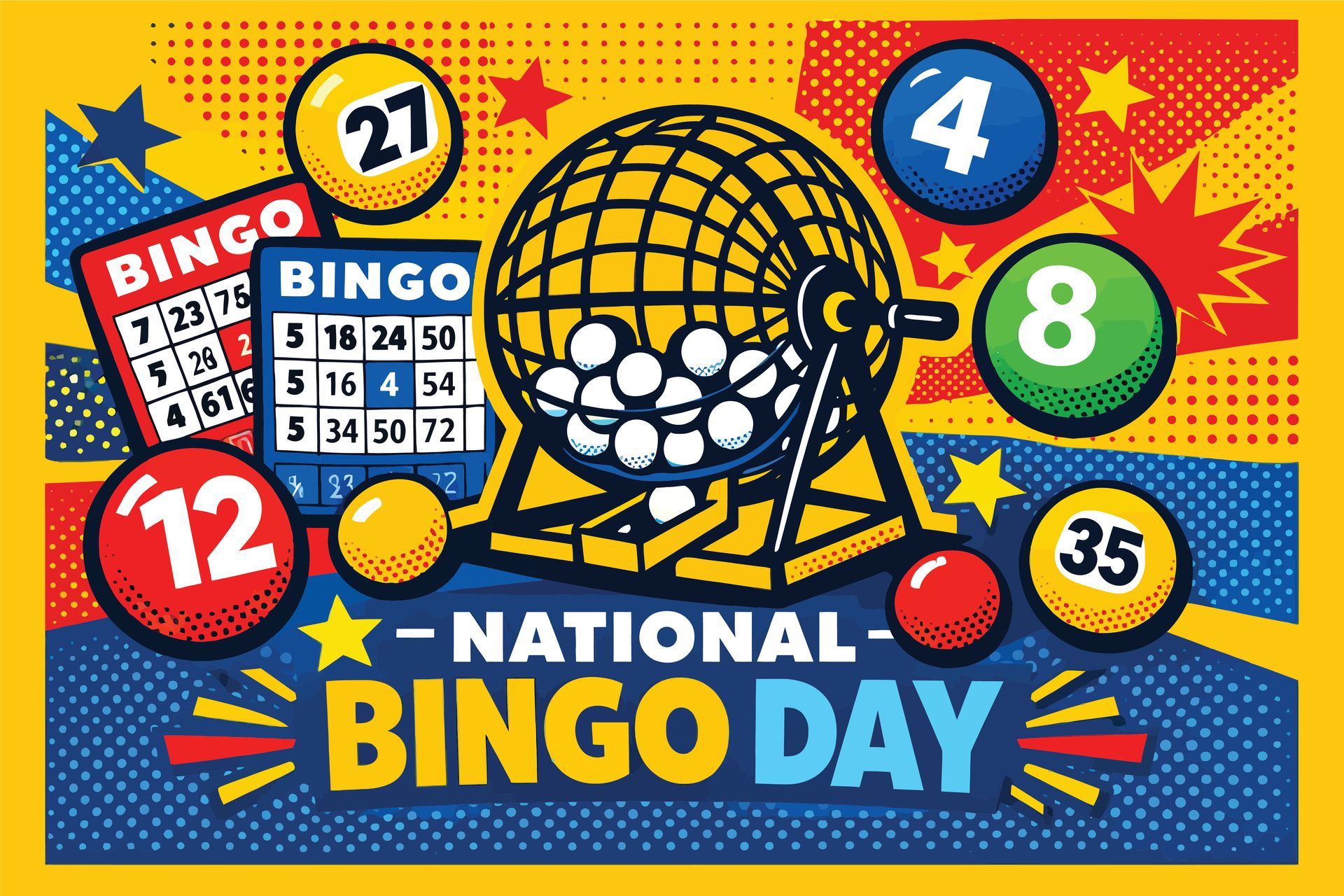 Colorful National Bingo Day graphic with bingo balls, cards, and a bingo cage on a blue background