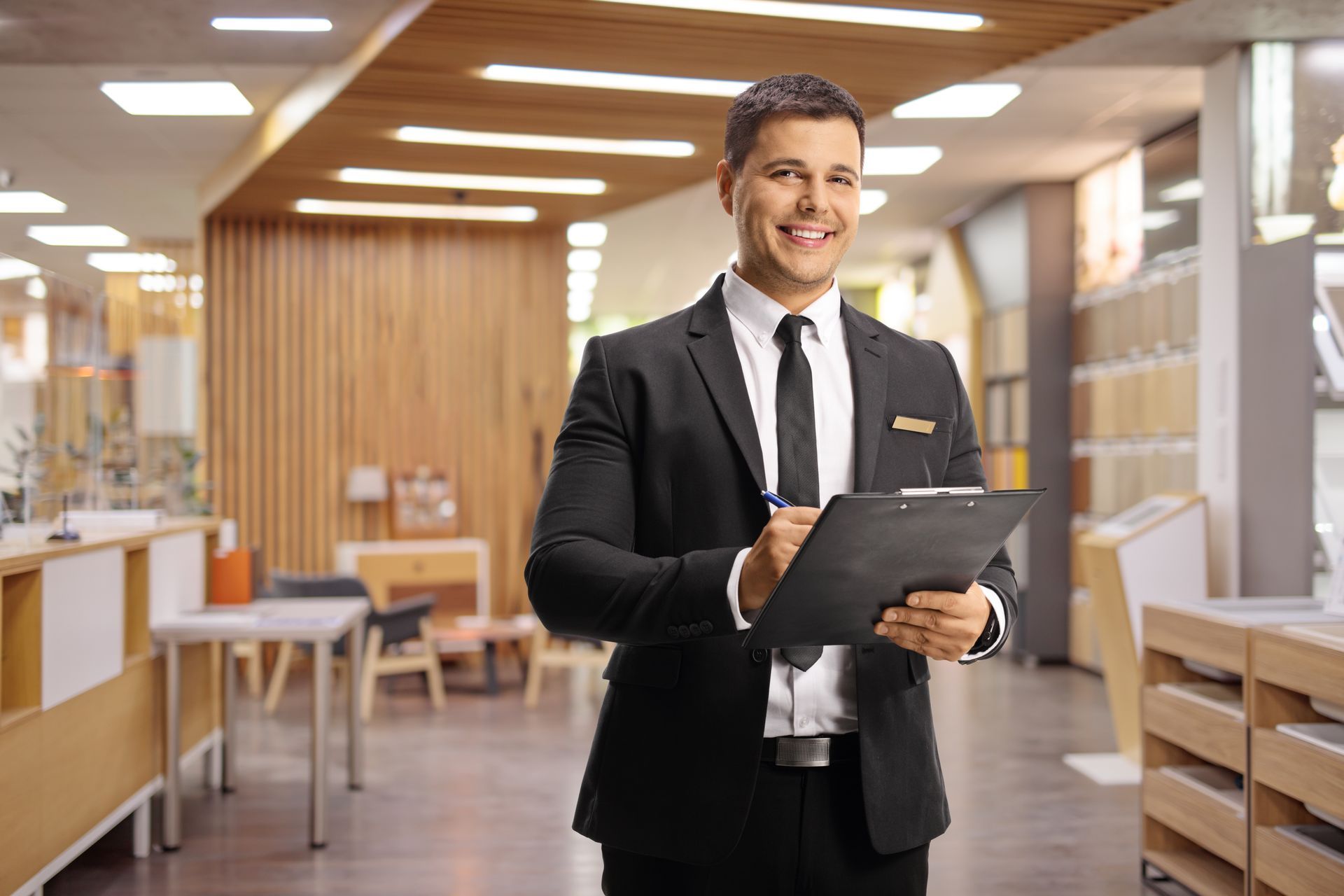 Smiling business professional holding a tablet in a modern office lobby