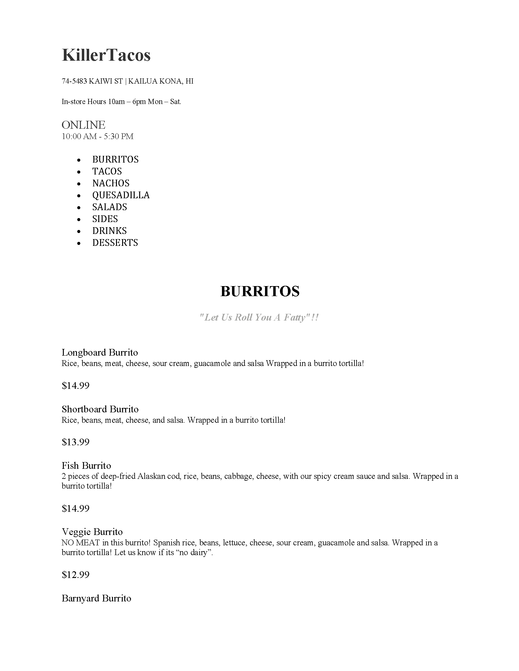 Menu for 