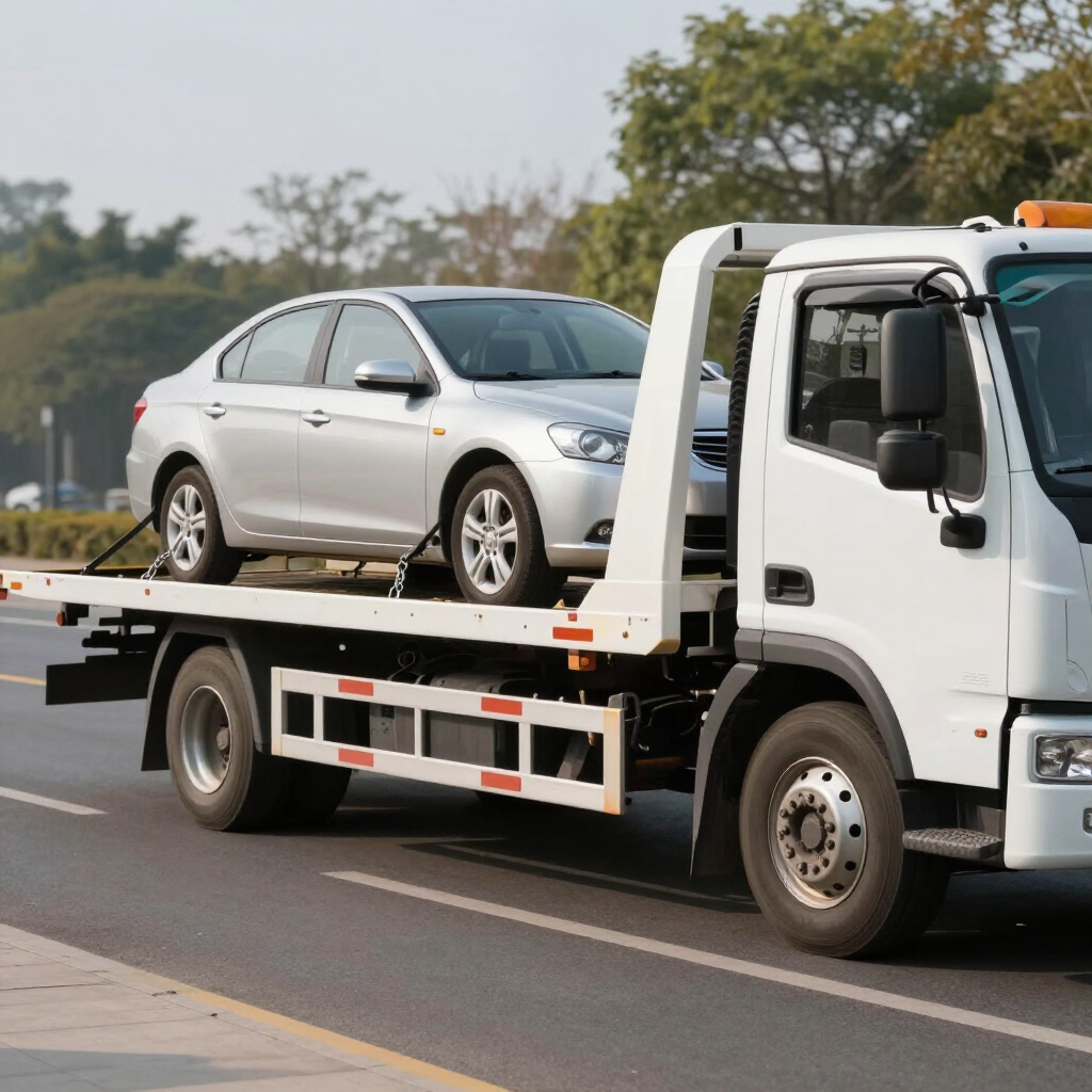Small silver sedan being transported on the back of a flatbed towing to the nearest shop