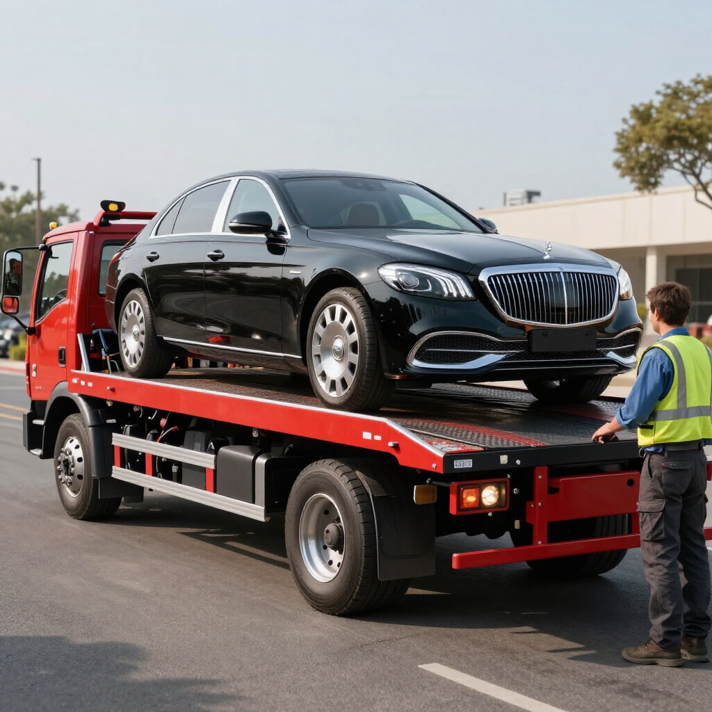 Black luxury sedan being transported on a flatbed tow truck after a transmission issue