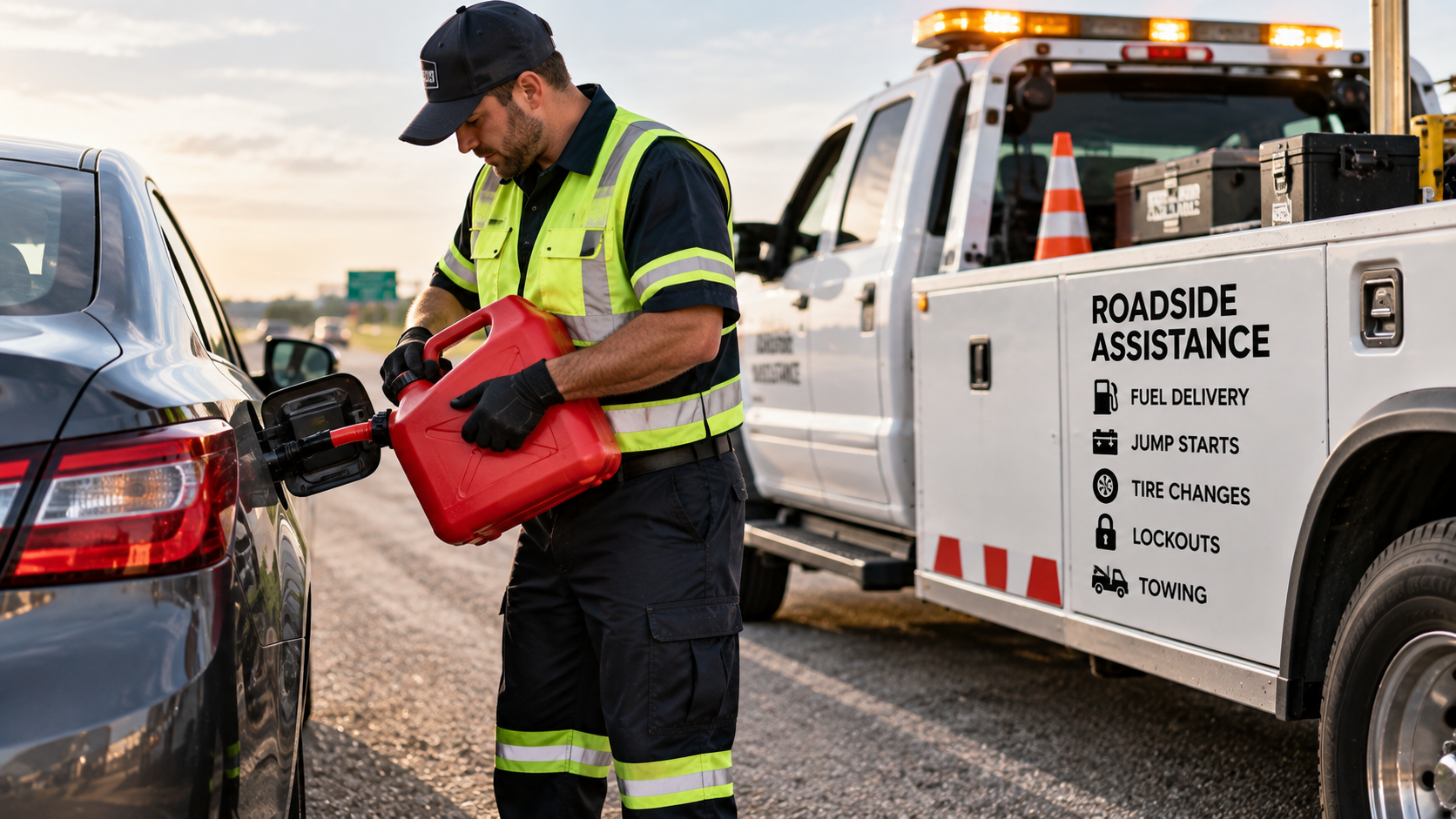 Roadside assistance technician refueling a car on the side of the road out of gas