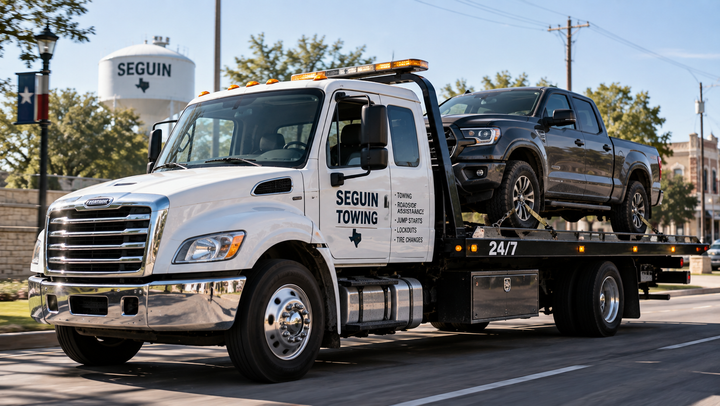 Flatbead tow truck towing a pickup truck in Seguin, Texas