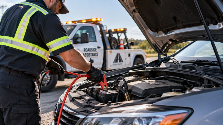 Towing Roadside technician using jumper cables to restart a car with a dead battery