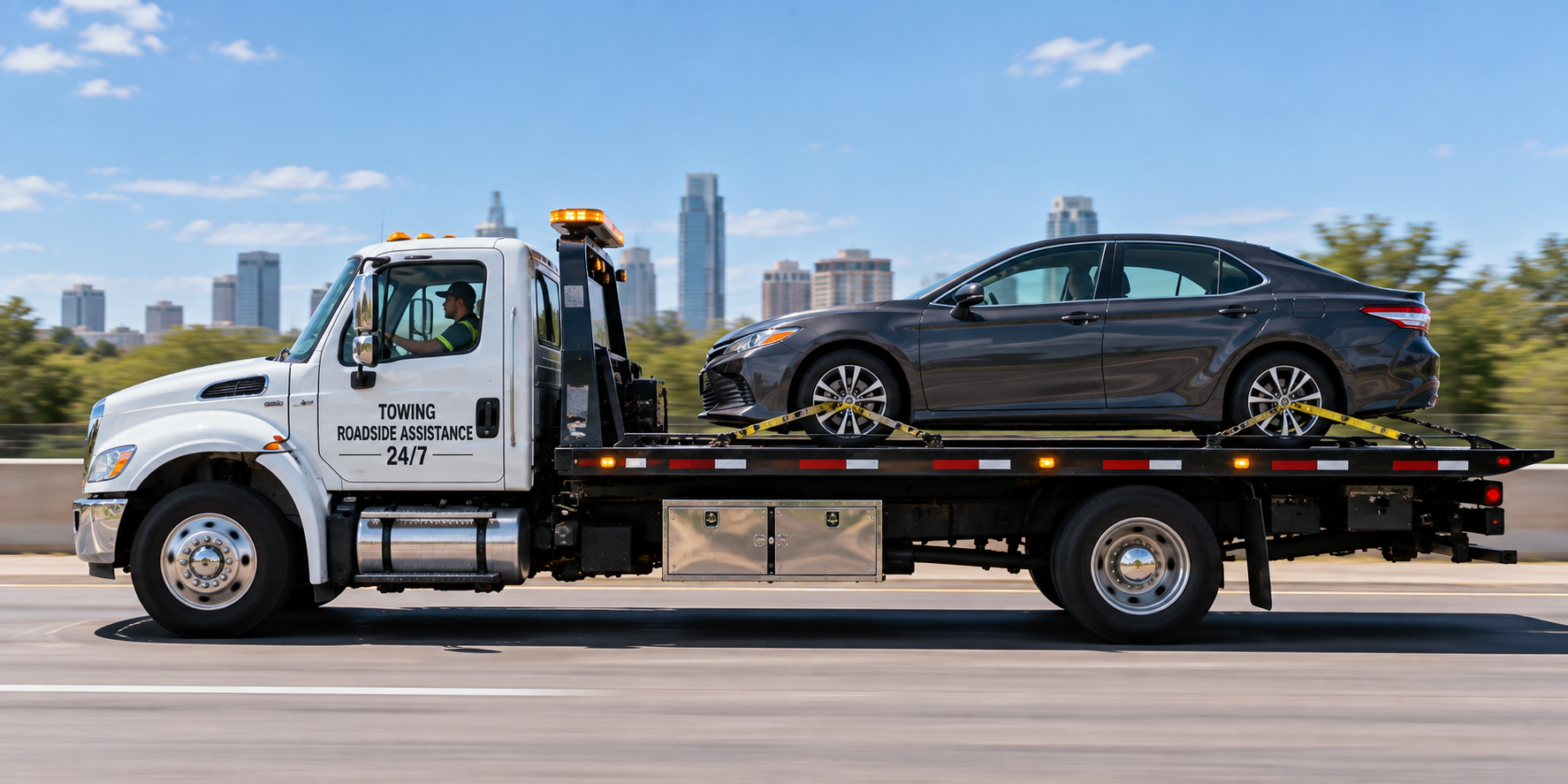 sedan car being towed on the back of a flatbed tow truck with a city in the background