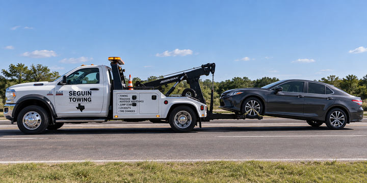 white hitch style tow truck towing a gray sedan to a local repair shop