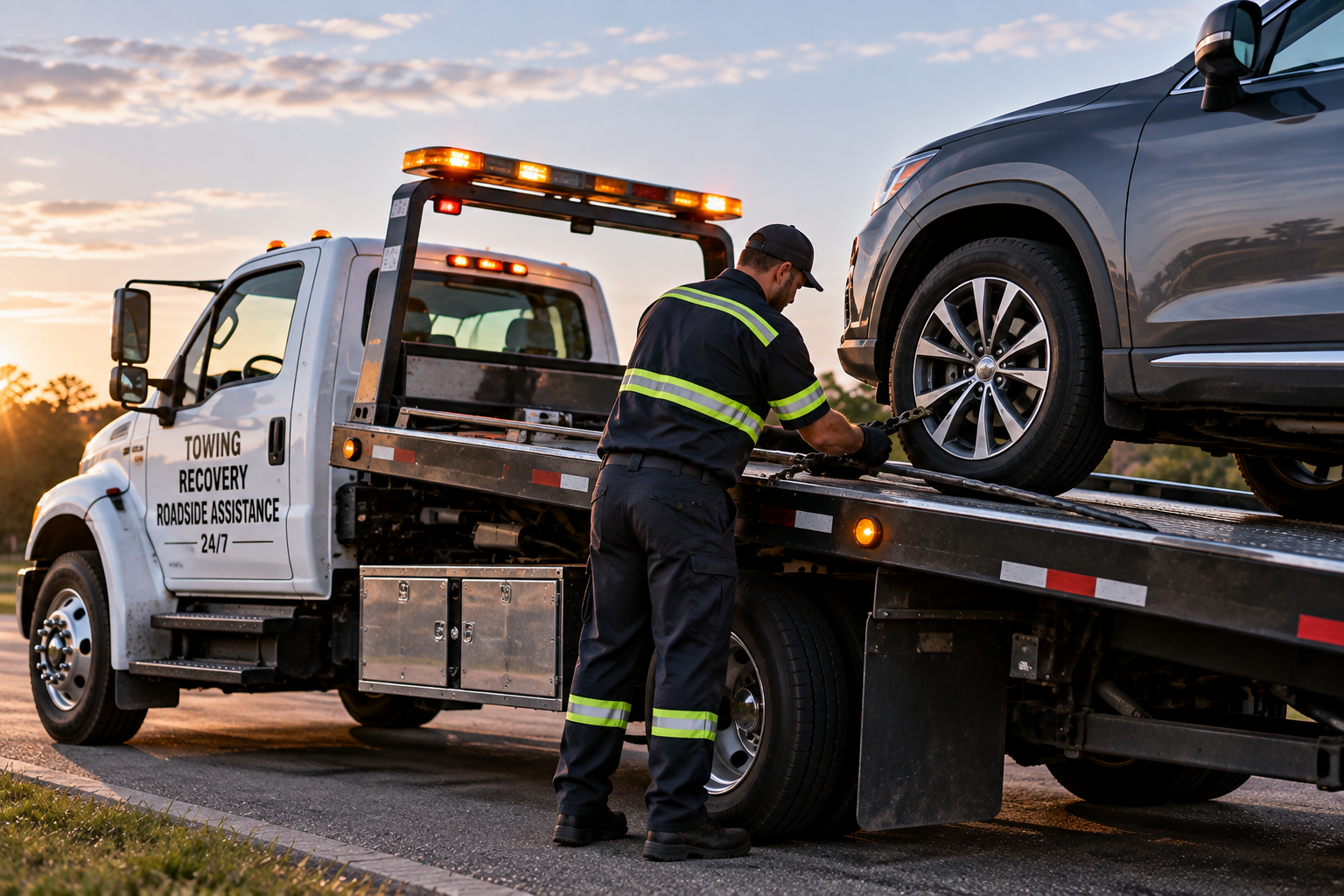 Towing worker loading up a car on a flatbed tow truck