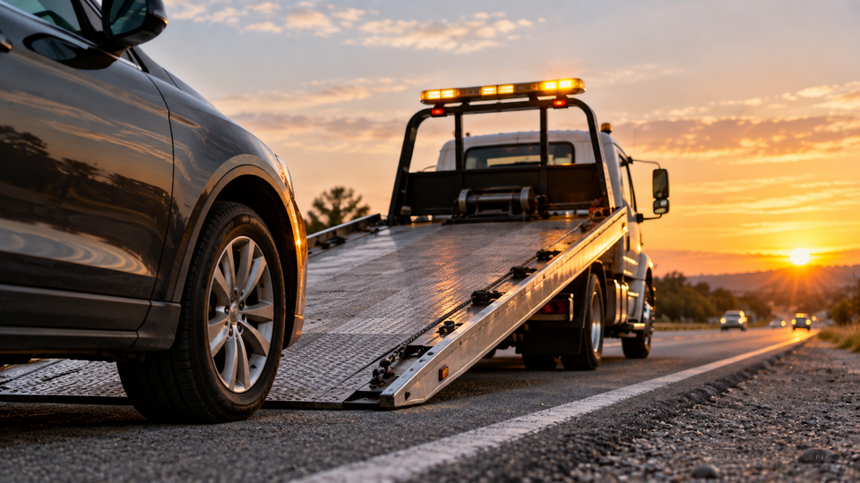 SUV being loaded up on a mechanical flatbed tow truck