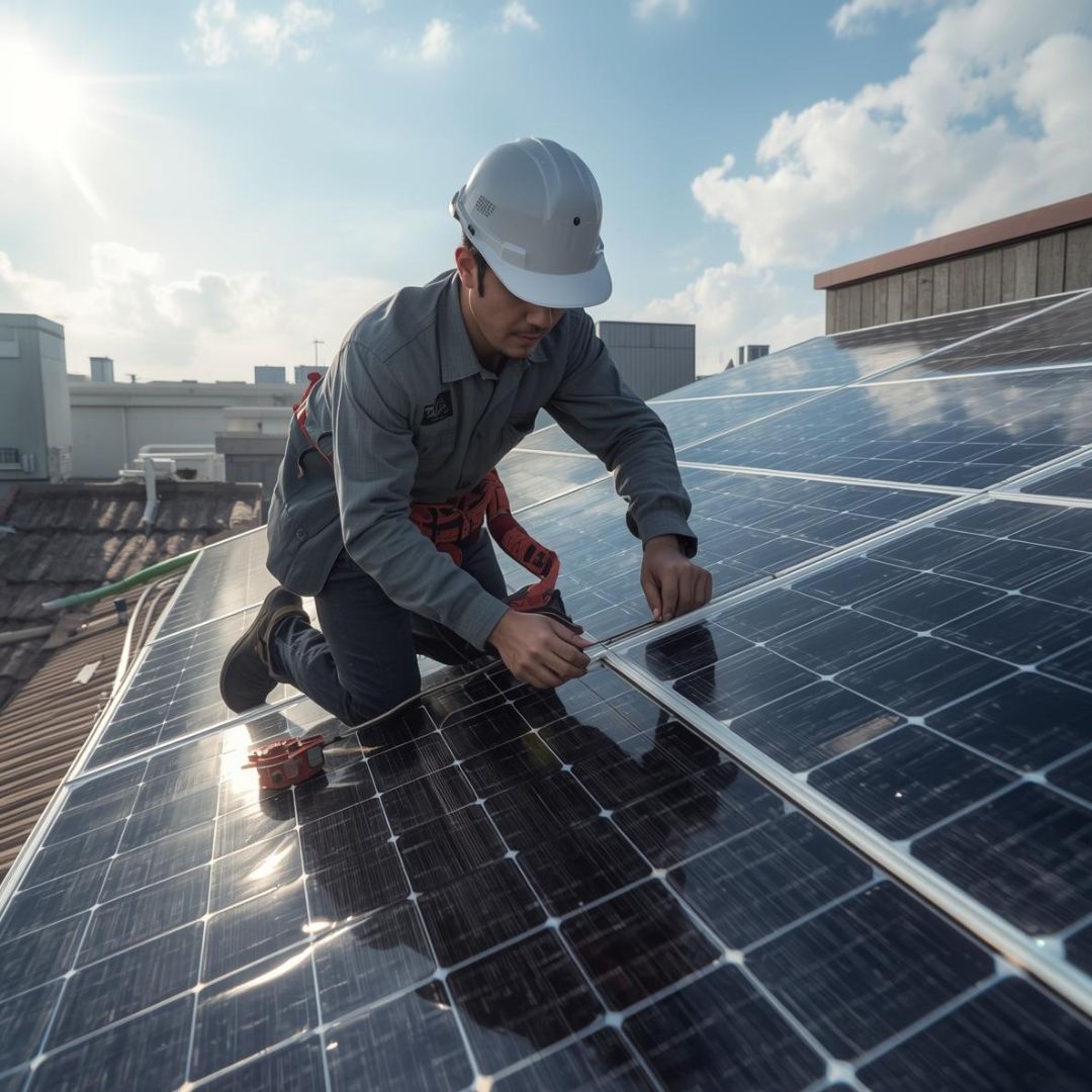 A technician in a white hard hat and safety harness cleans solar panels on a rooftop under a bright, sunny sky.