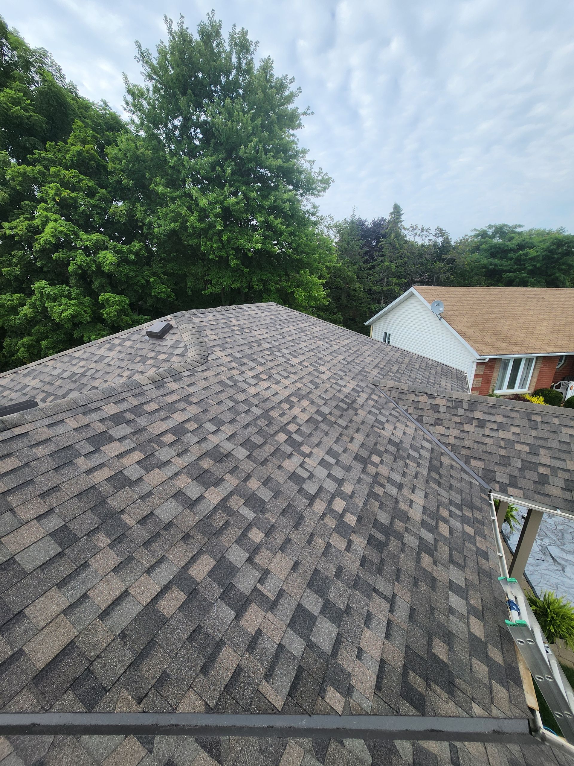 View from a roof over gray shingles, with trees and neighboring houses under a cloudy sky.