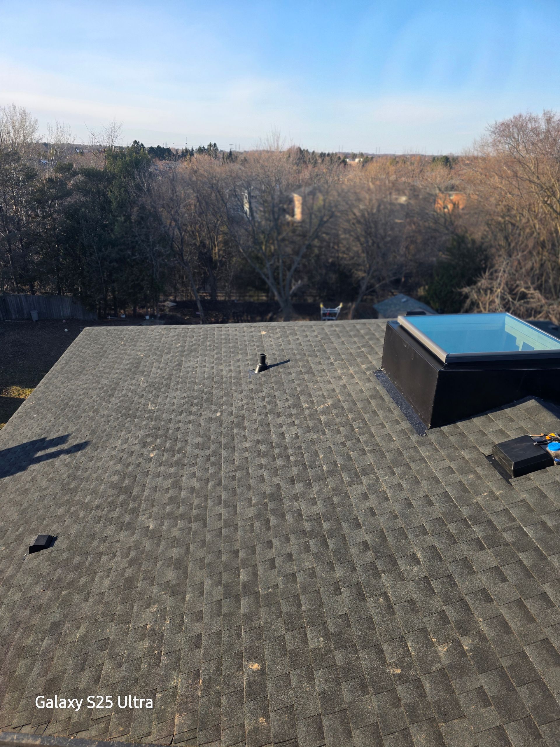 Flat gravel rooftop with a small skylight and trees beyond the edge under a clear sky.