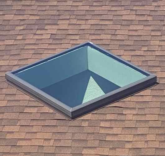 Blue skylight on a shingled roof, showing a small pyramid-shaped interior structure.