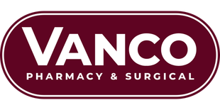 Vanco Pharmacy & Surgical logo in white on a maroon oval background