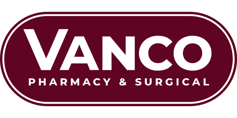 Vanco Pharmacy & Surgical logo in white on a maroon oval background