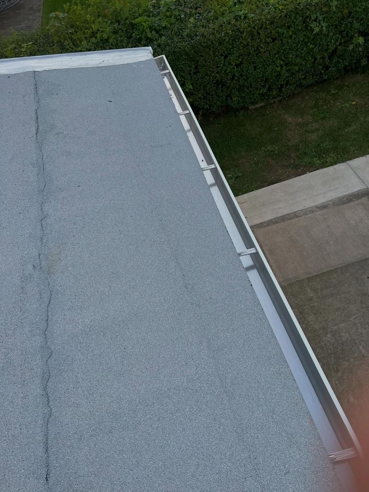 Flat gray rooftop with white trim beside green hedges and a driveway.