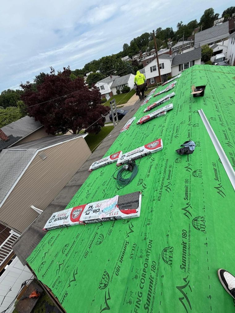 Green-tarped rooftop with scattered objects, overlooking nearby houses and trees under a cloudy sky