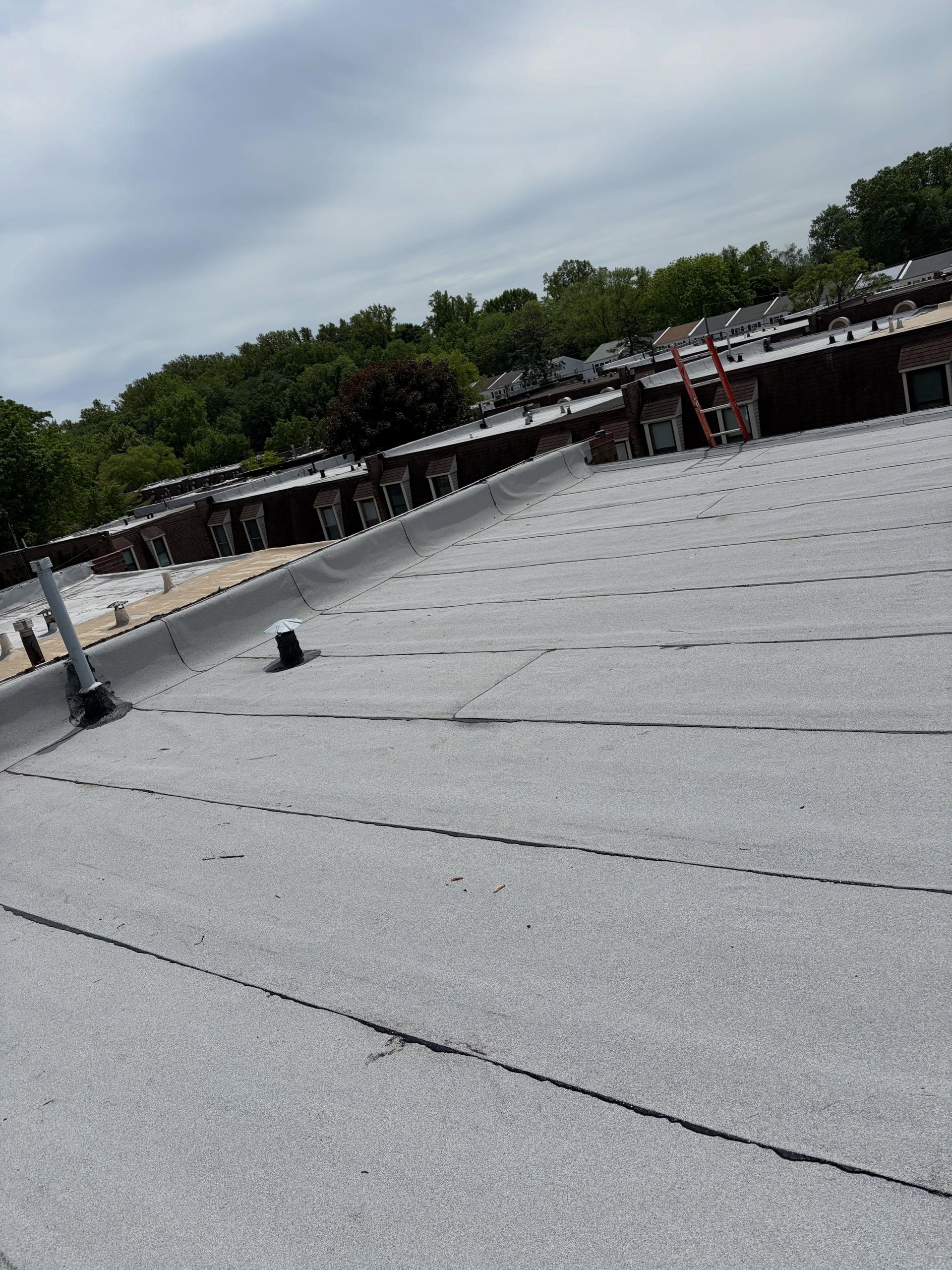 Empty concrete rooftop with skylights and a cloudy sky, viewed at a slight angle.