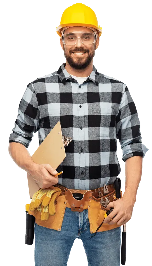 Smiling construction worker in a yellow hard hat, plaid shirt, tool belt, and jeans, holding a clipboard
