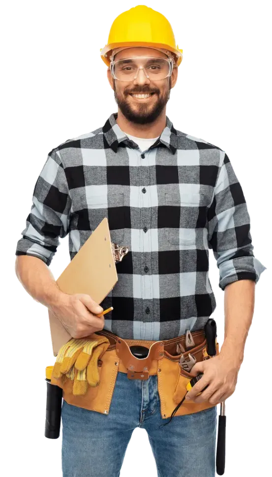 Smiling construction worker in a yellow hard hat, plaid shirt, tool belt, and jeans, holding a clipboard