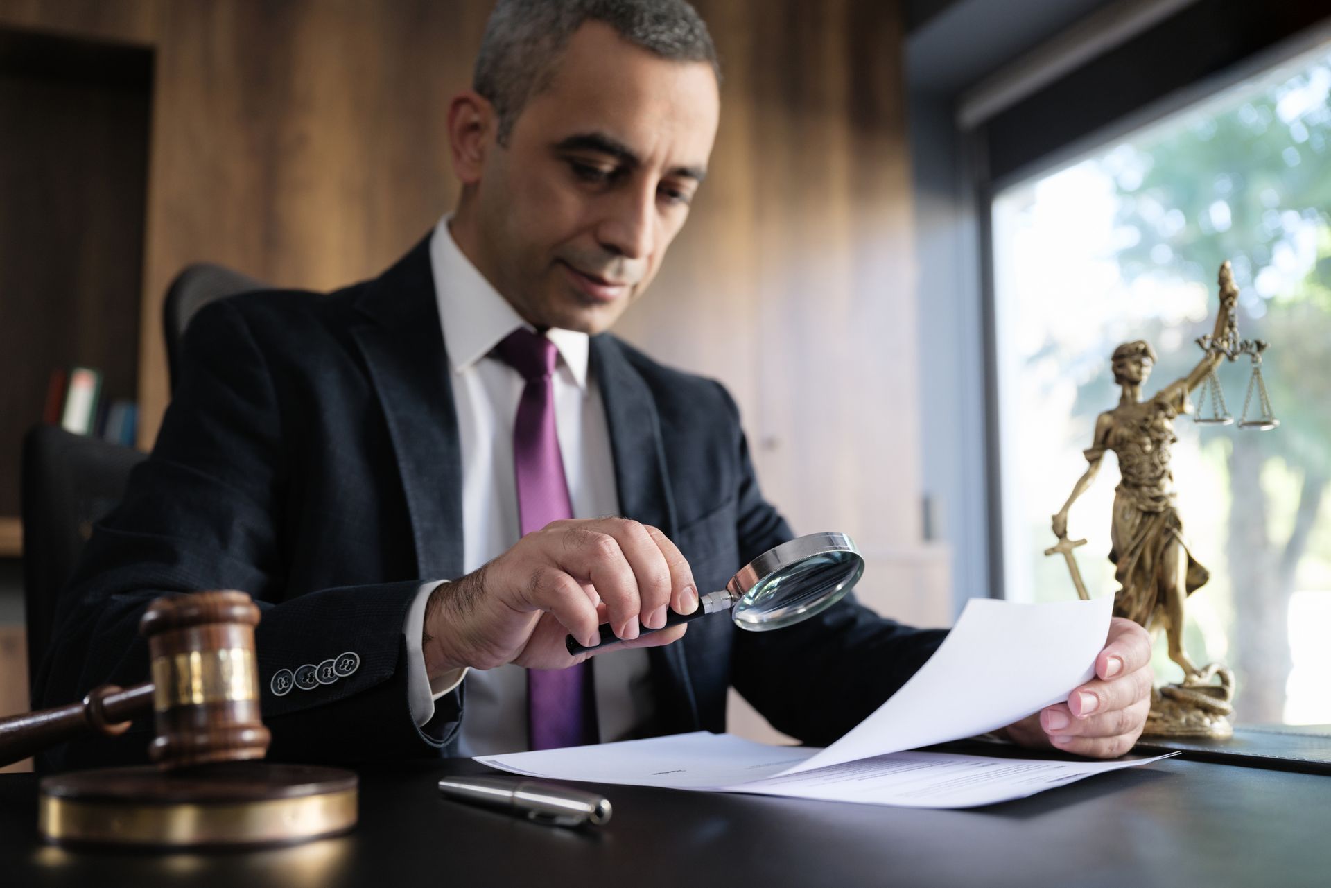 A lawyer is examining legal documents with a magnifying glass.