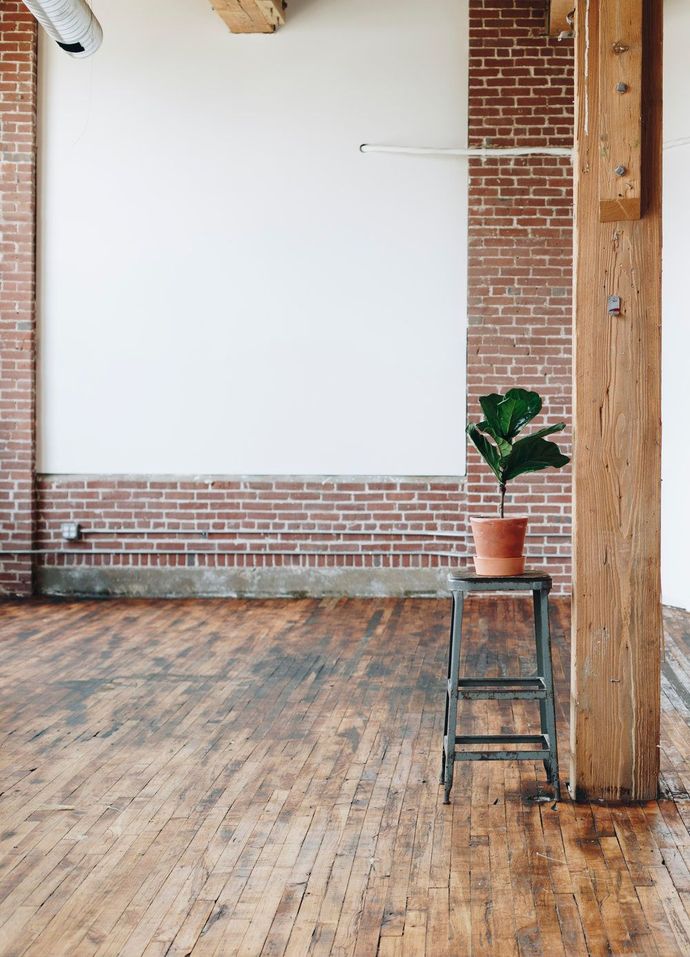 a potted plant is sitting on a wooden stool in an empty room .