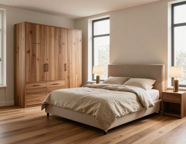 Modern bedroom with Italian furniture and warm neutral tones