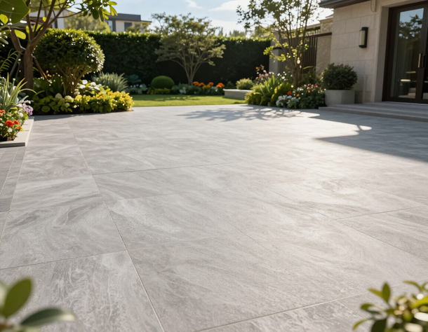 Terrazza esterna con pavimentazione in gres porcellanato