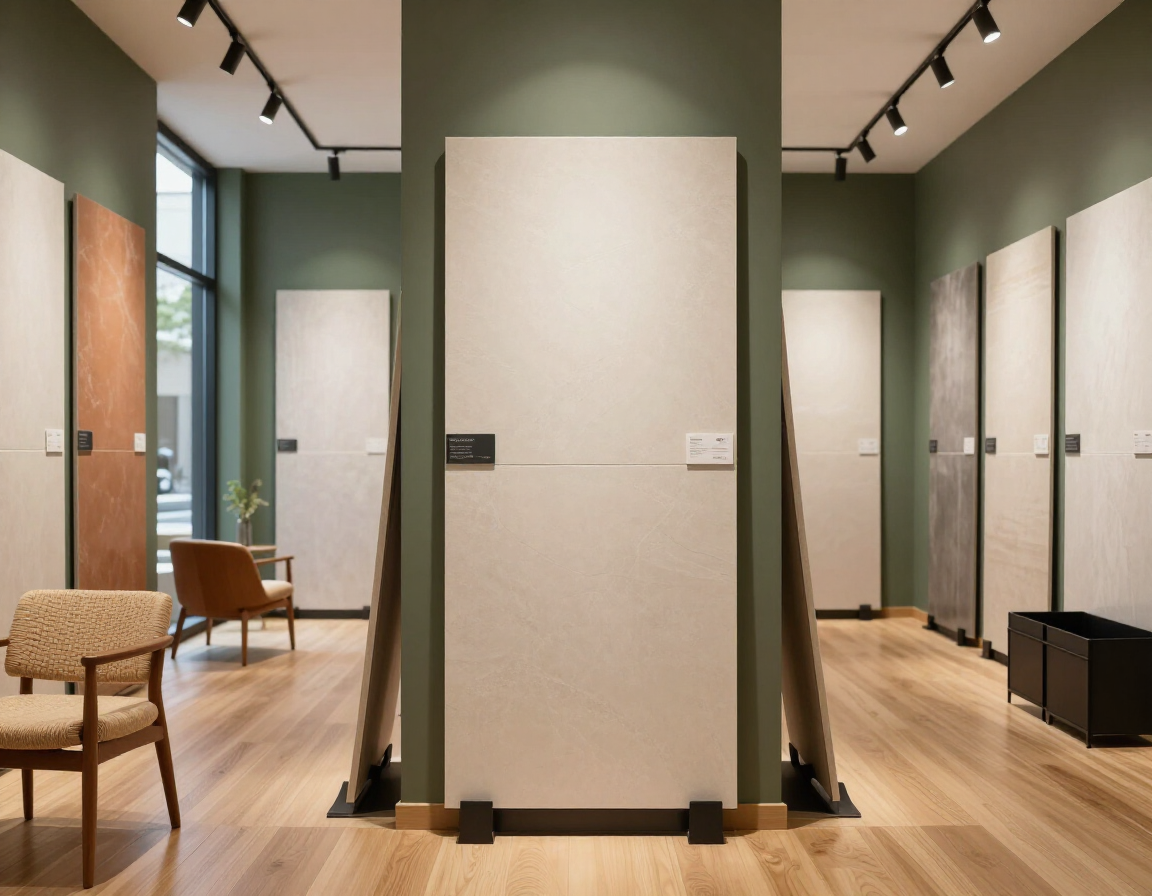 Esposizione di ceramiche e grandi lastre in showroom