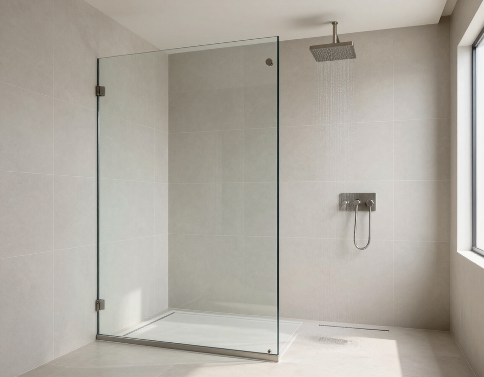 Modern walk-in shower with ceramic wall and floor tiles