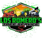Logo for Los Romero's Tree Service, featuring machinery: chipper, excavator, crane, and green and black hexagon.