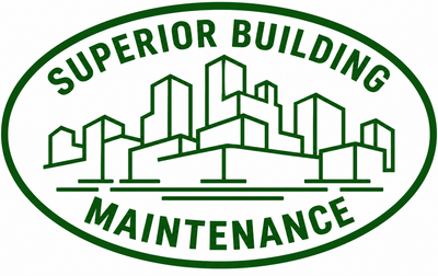 Green “Superior Building Maintenance” logo with a city skyline inside an oval border