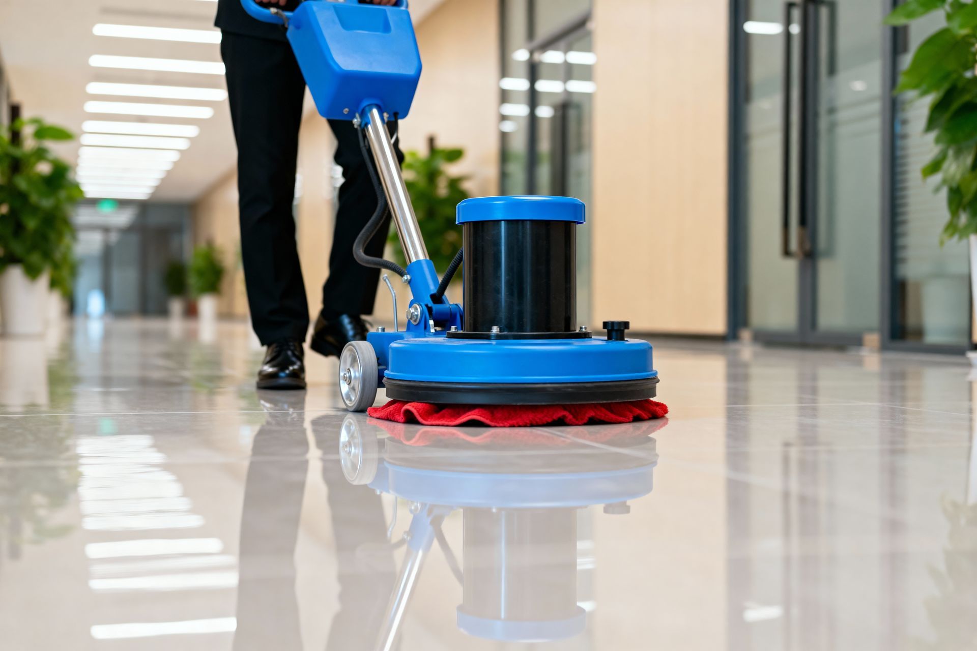 Person operating a blue floor scrubber in a bright hallway