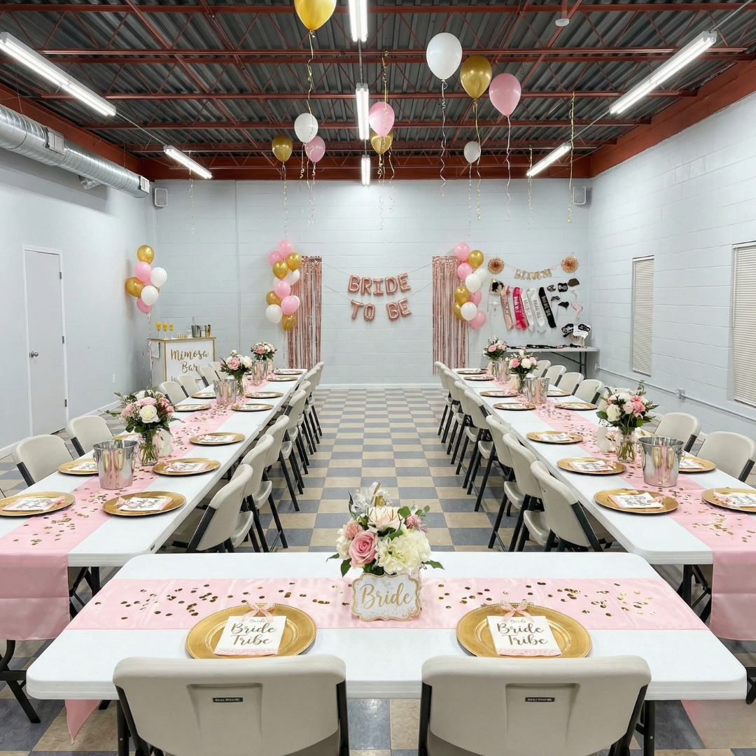 Elegant wedding reception table with floral centerpiece, gold chairs, and place settings.