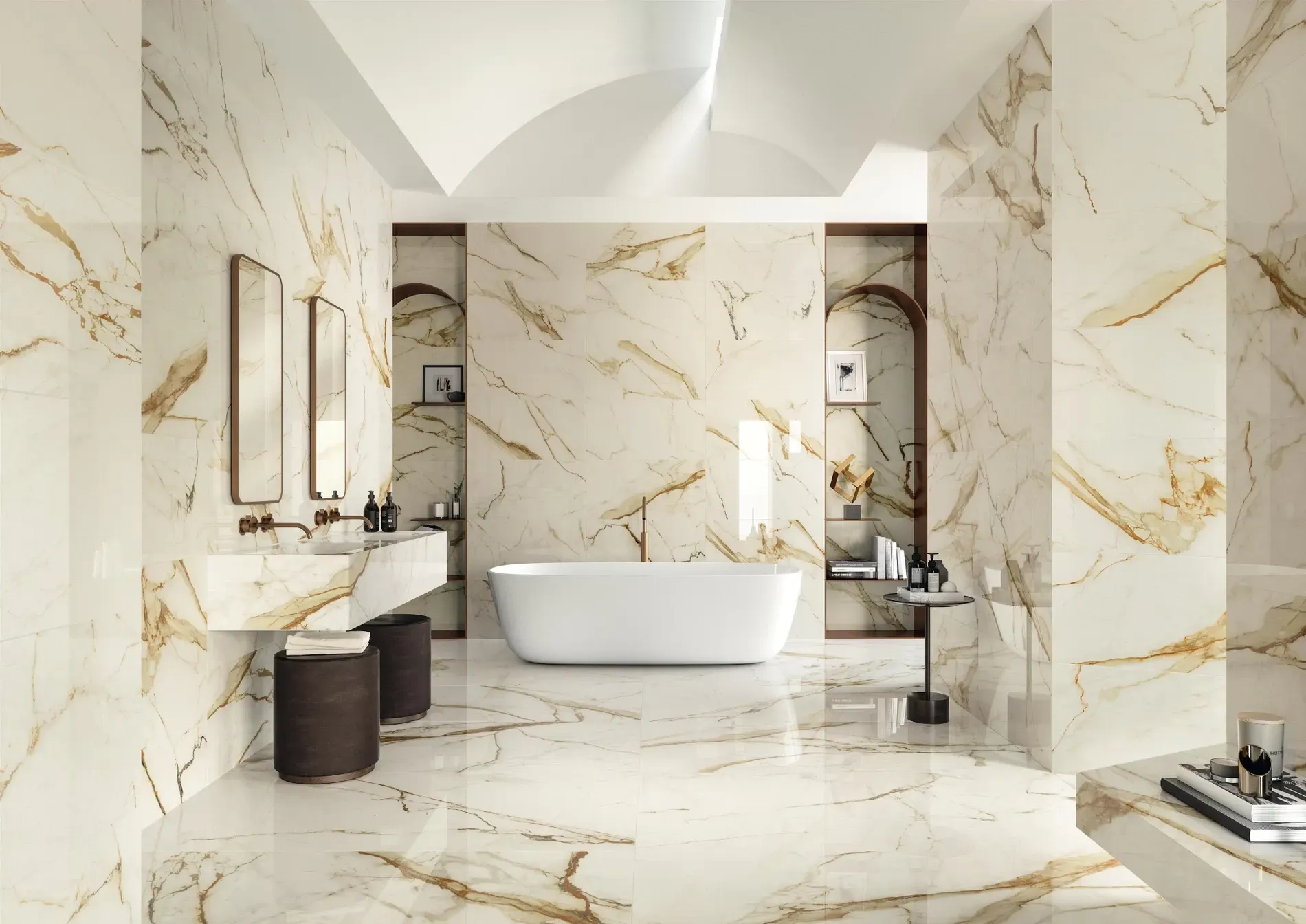 Porcelain vanity and shower walls in your bathroom.