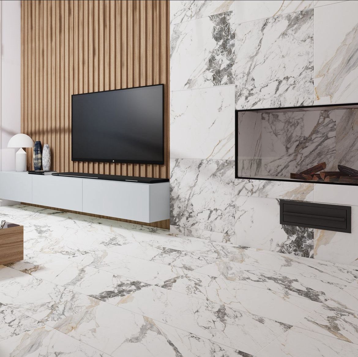 Porcelain living room wall and a fireplace surround with a unique, custom and modern design.