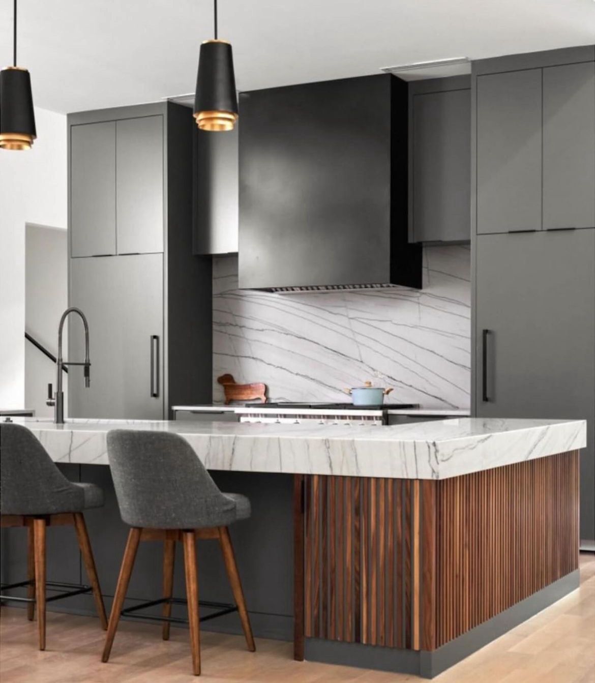 Luxurious marble countertops in a kitchen.