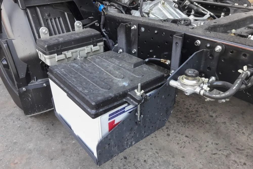 A Vehicle Chassis Showing an Exposed Heavy-duty Battery Mounted in a Metal Tray  — B & W Commercials In Port Macquarie, NSW