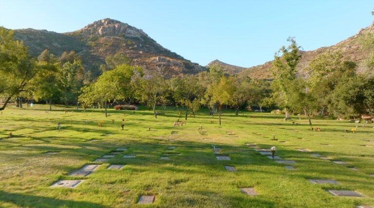 a cemetery surrounded by trees and grass with a mountain in the background .