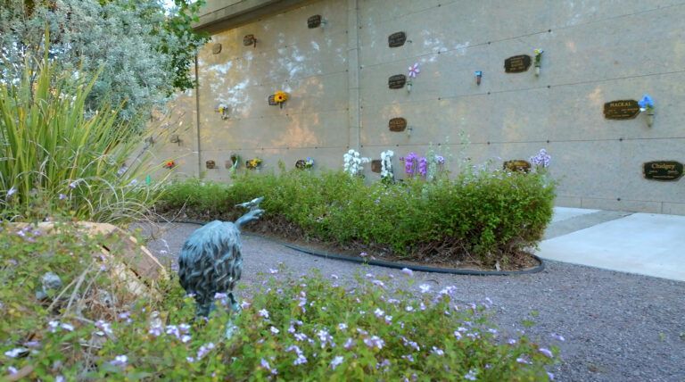 there is a statue of a bird in the middle of a garden .