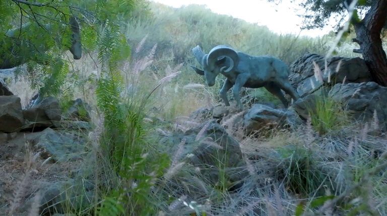 a statue of a ram standing on top of a rocky hillside .