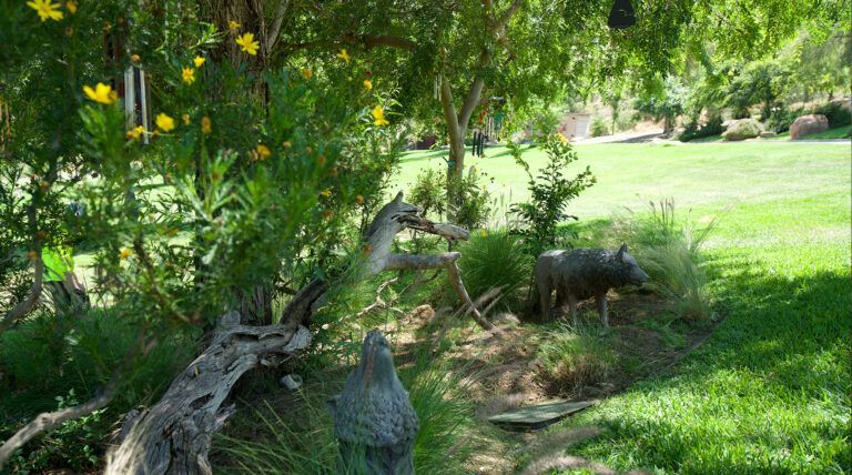 Grassy area covered with trees at Singing Hills Memorial Park, CA