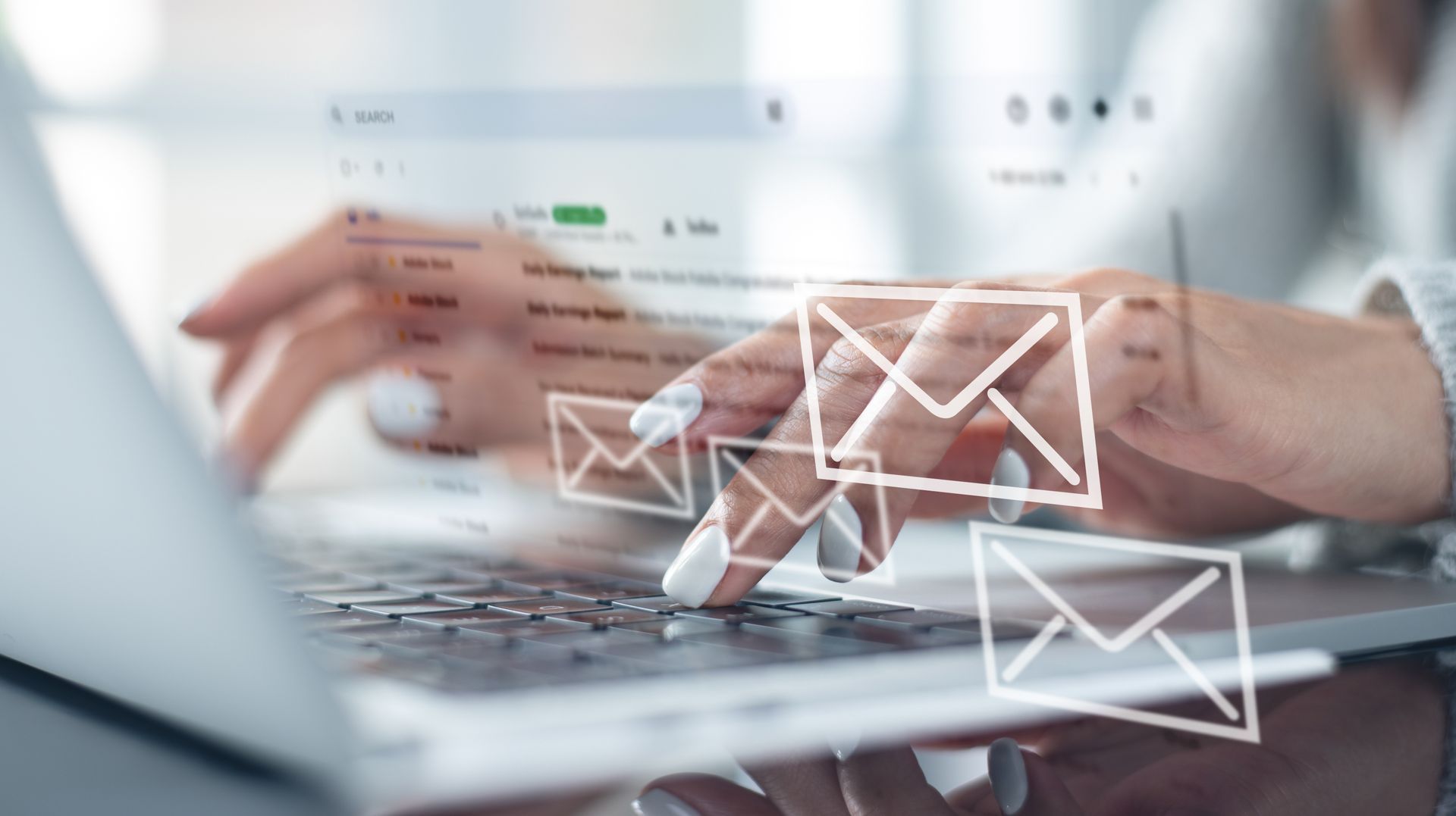Hands typing on a laptop with glowing email envelope icons, suggesting digital messaging or online communication